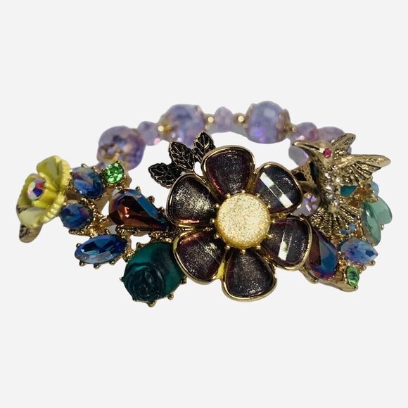 Betsey Johnson Hummingbird Flower Bracelet 7" Icy Crystal Spring Ahead VTG - Picture 8 of 10